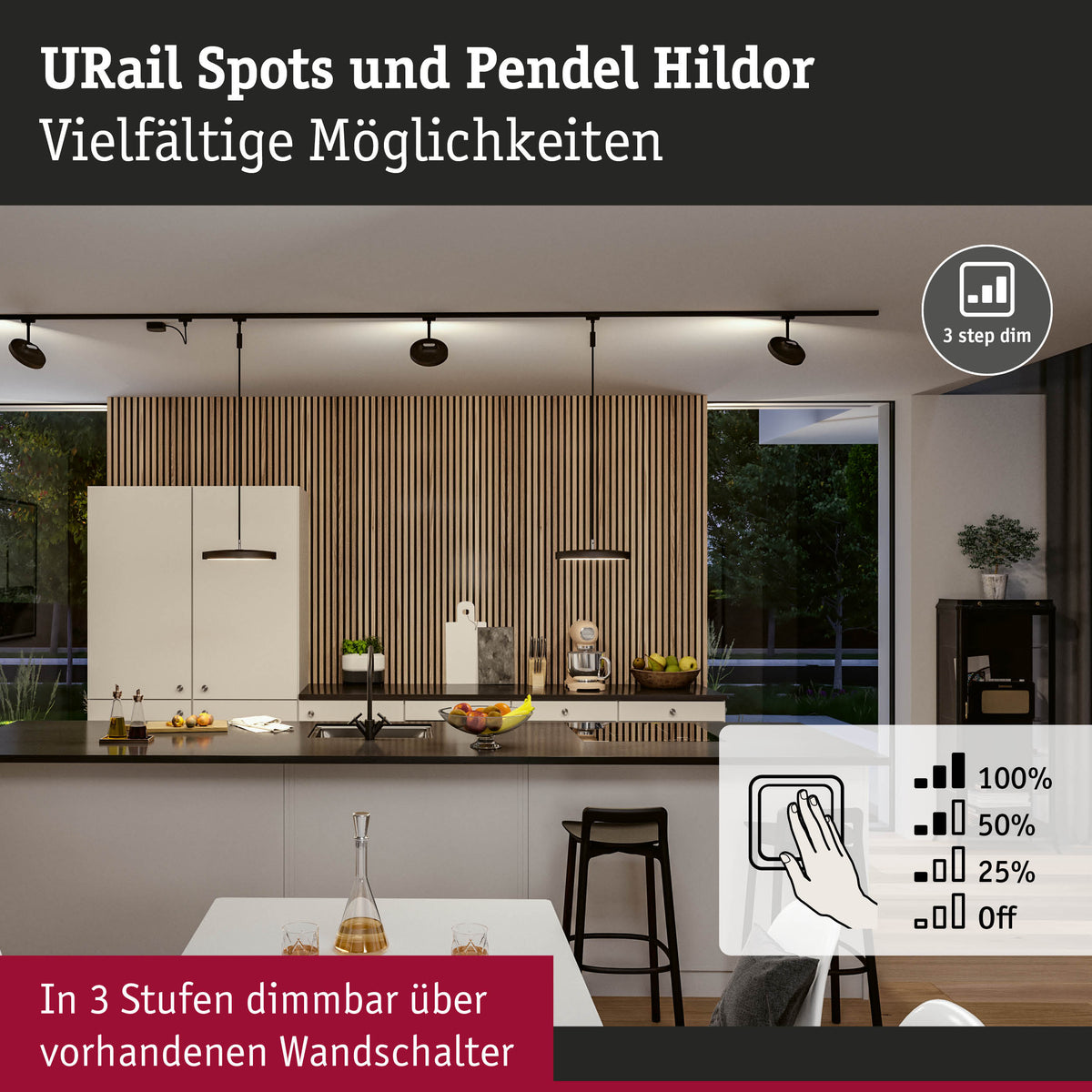 URail Pendel 3-Step-Dim Hildor 850lm 15W 4000K dimmbar 230V Schwarz matt