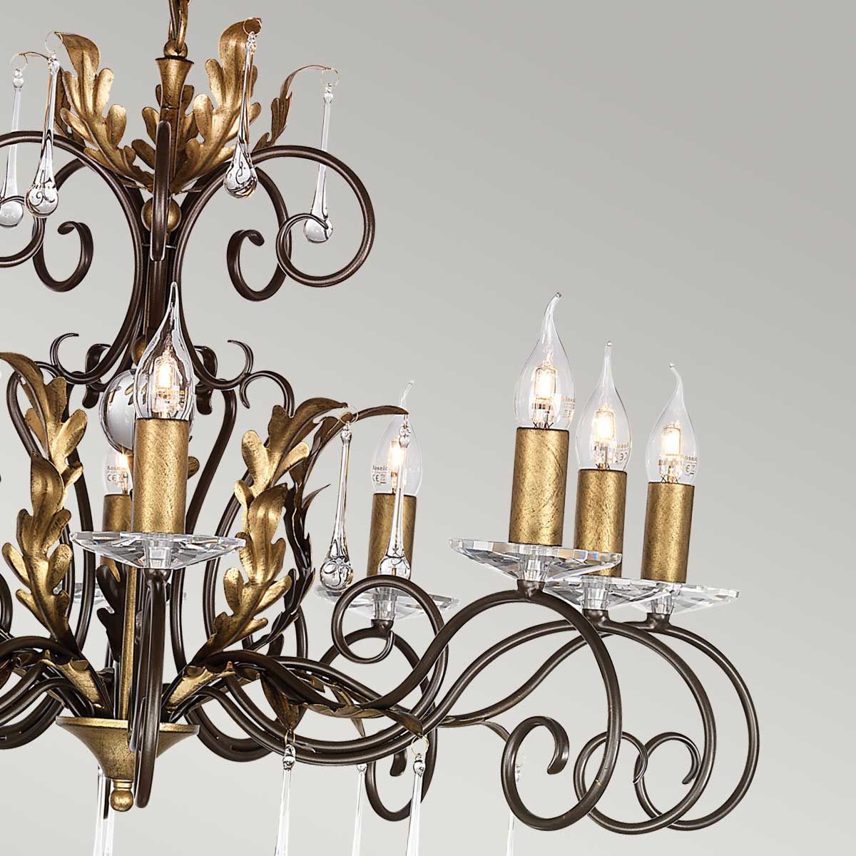 Amarilli Kronleuchter mit 10 Lichtern, Bronze mit goldener Patina