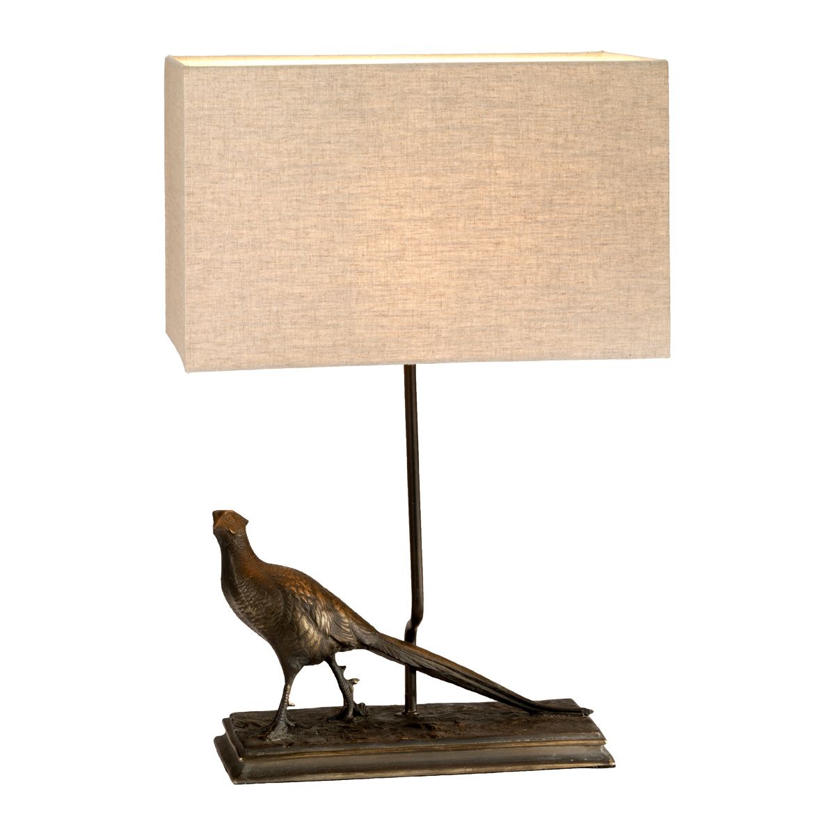 Tischlampe Halkirk, 1-flammig, mit rechteckigem Schirm, bronzefarbene Patina, natürlicher Schirm