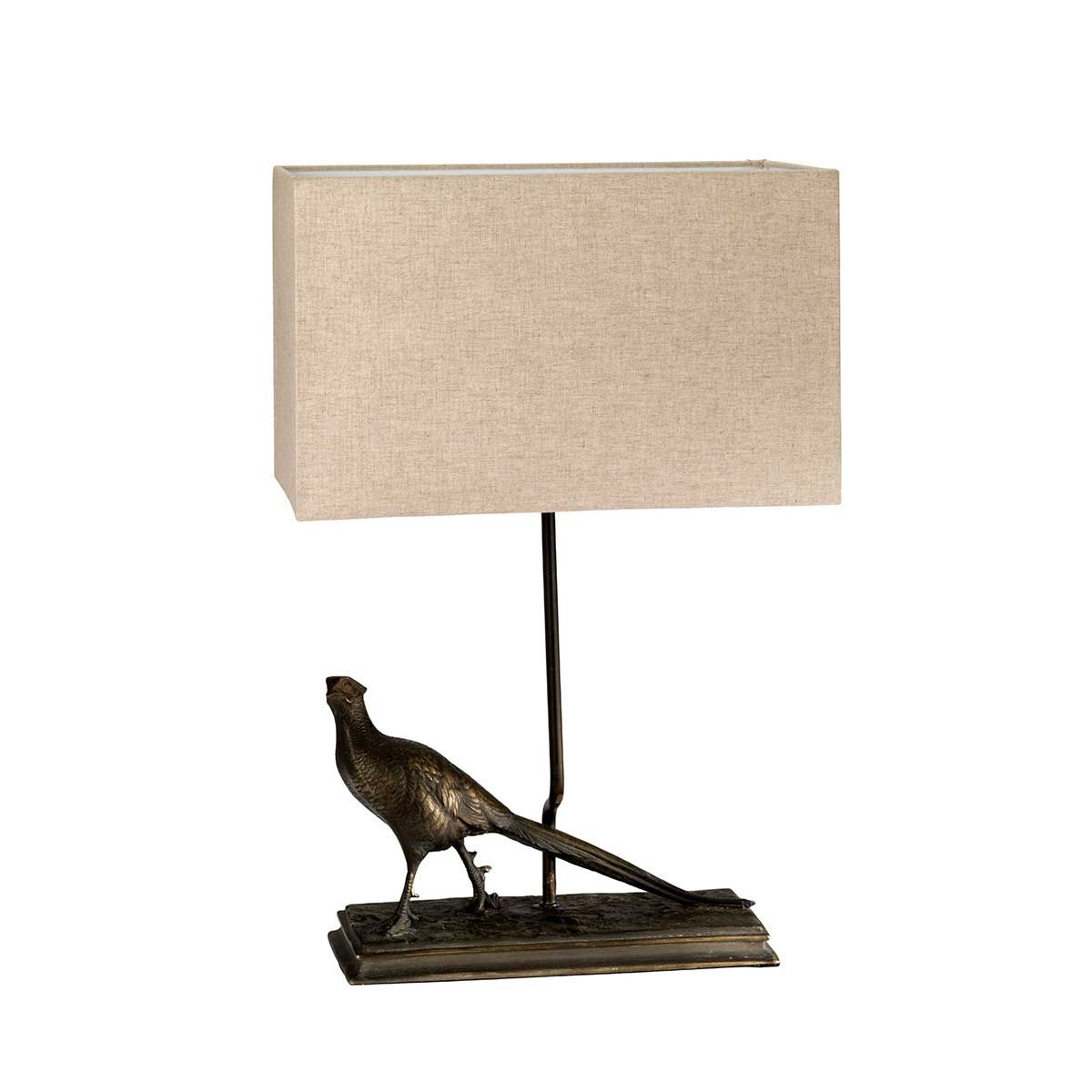 Tischlampe Halkirk, 1-flammig, mit rechteckigem Schirm, bronzefarbene Patina, natürlicher Schirm