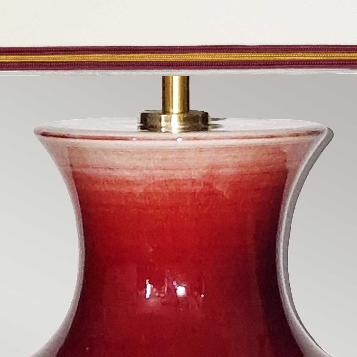 Majin Oxblood Red Jar Tischlampe mit 1 Licht und Polycotton-Schirm – Ochsenblut mit Creme mit burgunderfarbenem und goldenem Soutach-Besatz