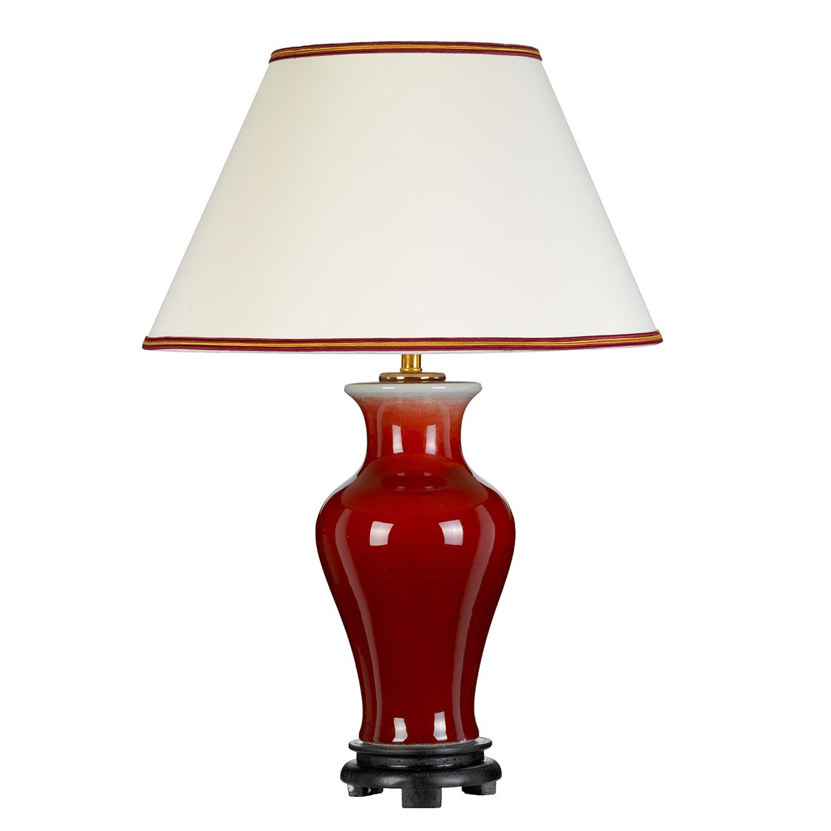 Majin 1-flammige Tischlampe mit hohem Empire-Schirm - Ochsenblut mit Creme mit burgunderfarbenem und goldenem Schirmrand