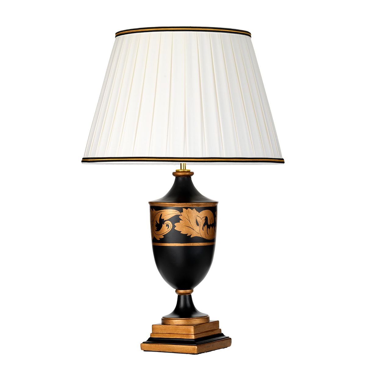 Tischlampe Narbonne mit 1 Flamme – mit hohem Empire-Schirm – Schwarz und Gold mit Elfenbein und schwarzem und goldenem Schirmrand
