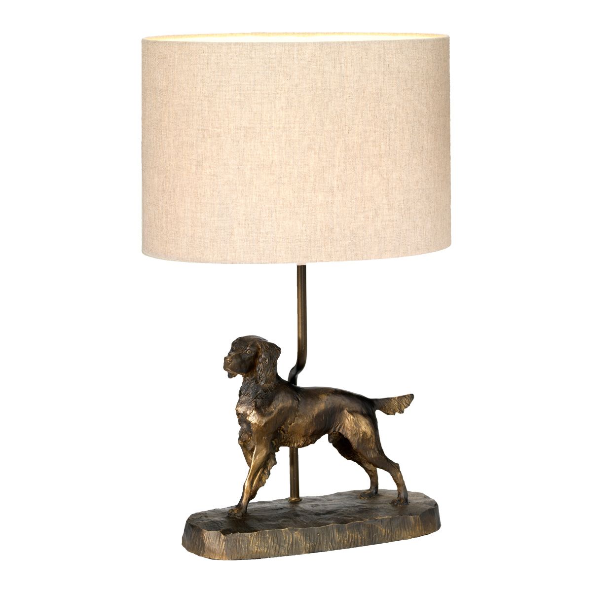 Rufus 1-flammige Tischlampe mit ovalem Schirm, Bronzepatina mit natürlichem Schirm
