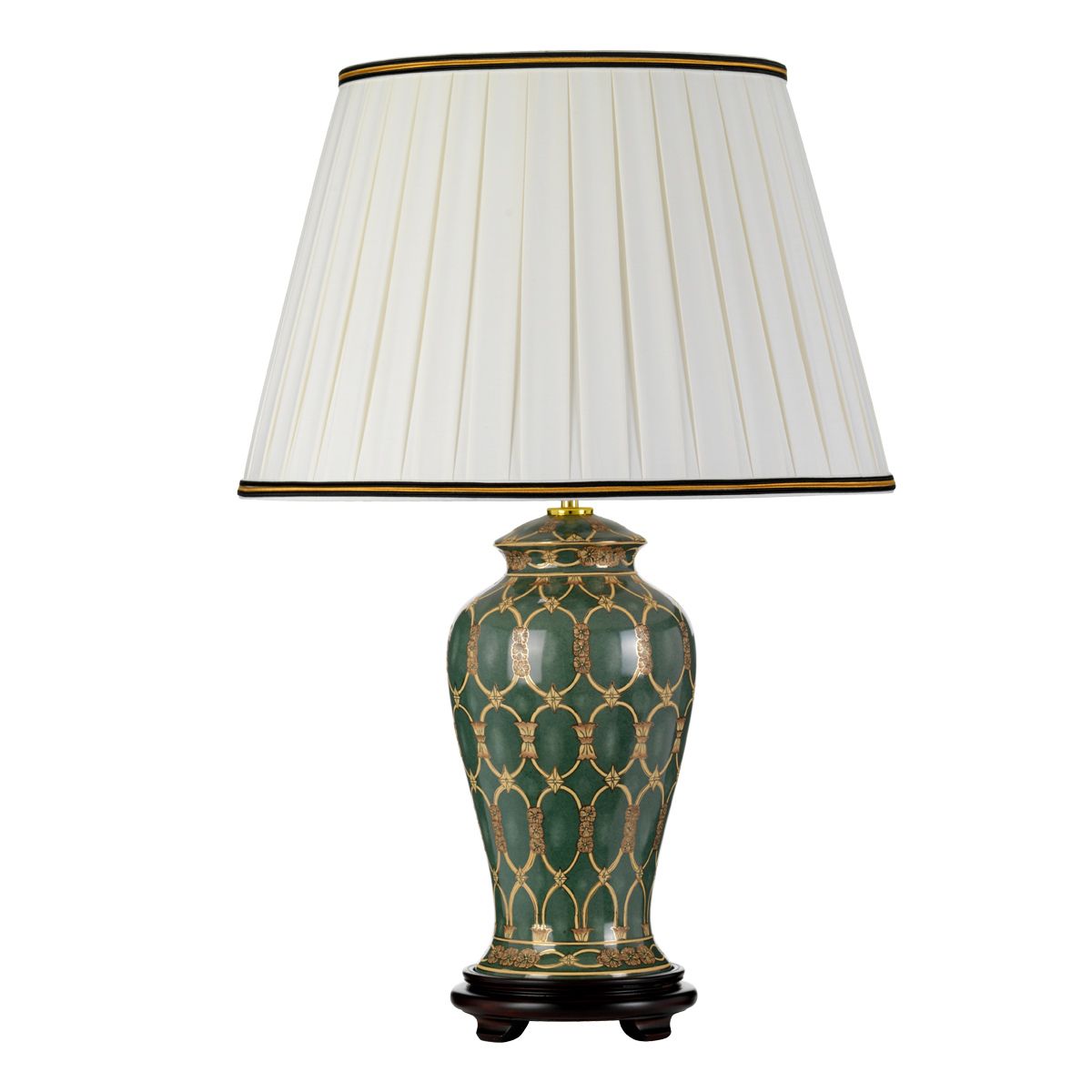 Sashi 1-flammige Tischlampe mit hohem Empire-Schirm - Grün mit Gold und Braun mit Elfenbein mit schwarzem und goldenem Schirmrand