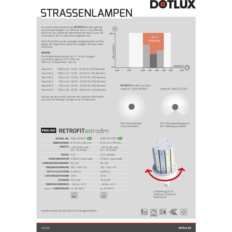 DOTLUX LED - Straßenlampe RETROFITastrodim E27 18 Watt warmweiß 135 SMD 2835 LED's einseitig abstrahlend 270° - Dotlux - 3082 - 027270T