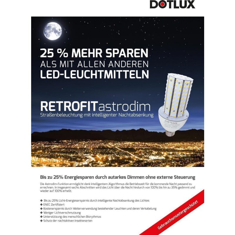 DOTLUX LED - Straßenlampe RETROFITastrodim E27 18 Watt warmweiß 135 SMD 2835 LED's einseitig abstrahlend 270° - Dotlux - 3082 - 027270T