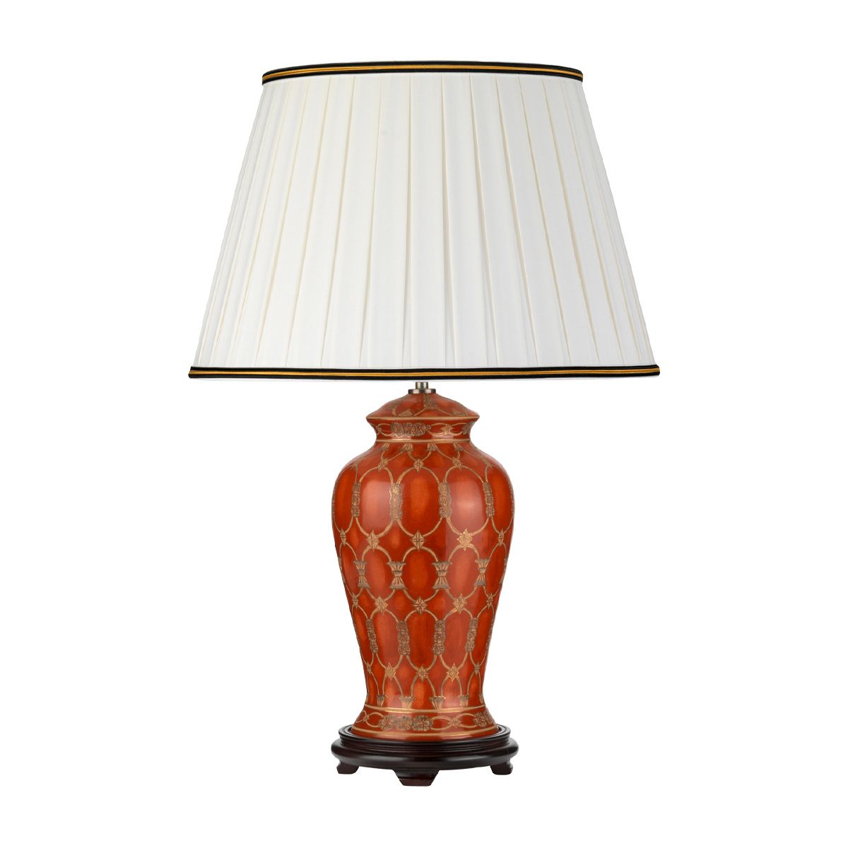 Datai 1-flammige Tischlampe - Terrakotta und Gold mit Elfenbein und schwarzem und goldenem Schirmrand - Elsteadlighting - leuchtengrosshandel24