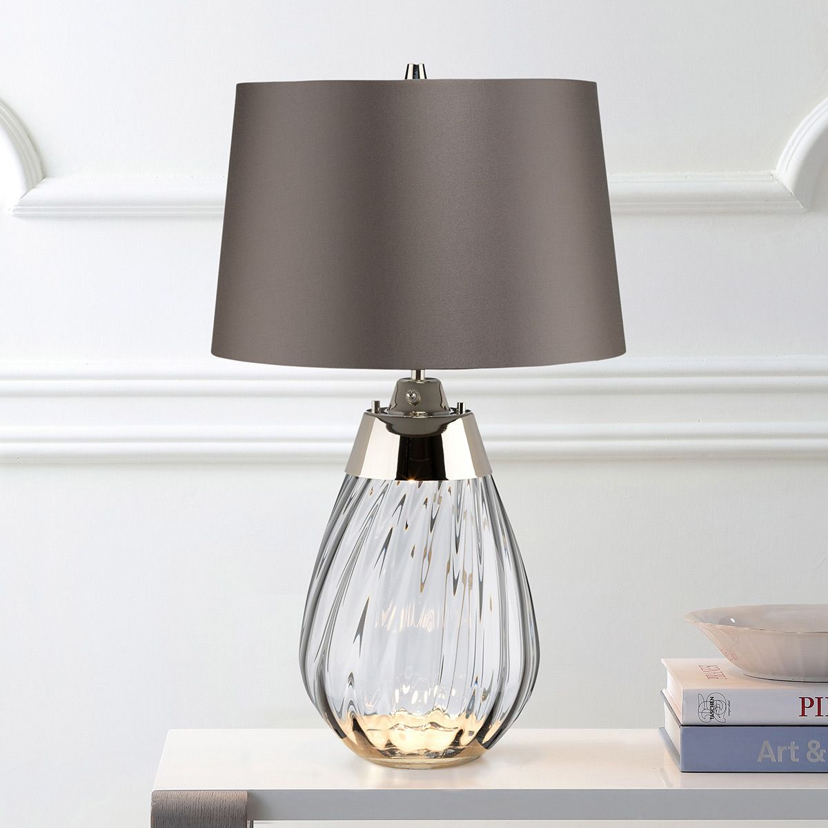 Lena 2-flammige kleine Tischlampe in Rauchoptik – Rauchgetöntes Glas/Schieferschirm - Elsteadlighting - leuchtengrosshandel24