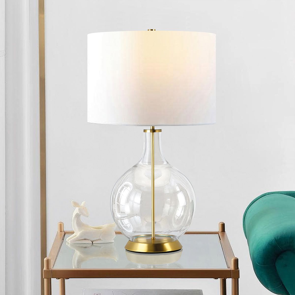 Orb 1 - flammige Tischlampe (komplett mit weißem Schirm) – gealtertes Messing mit weißem Schirm - Elsteadlighting - ORB - CLEAR - AB - WHT
