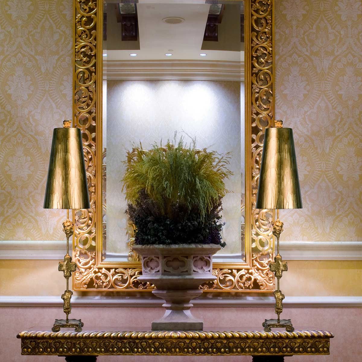 Tischlampe „Fragment“ mit 1 Licht, gealtertes Gold mit Blattgold und Schirm aus Umbraglasur - Elsteadlighting - leuchtengrosshandel24