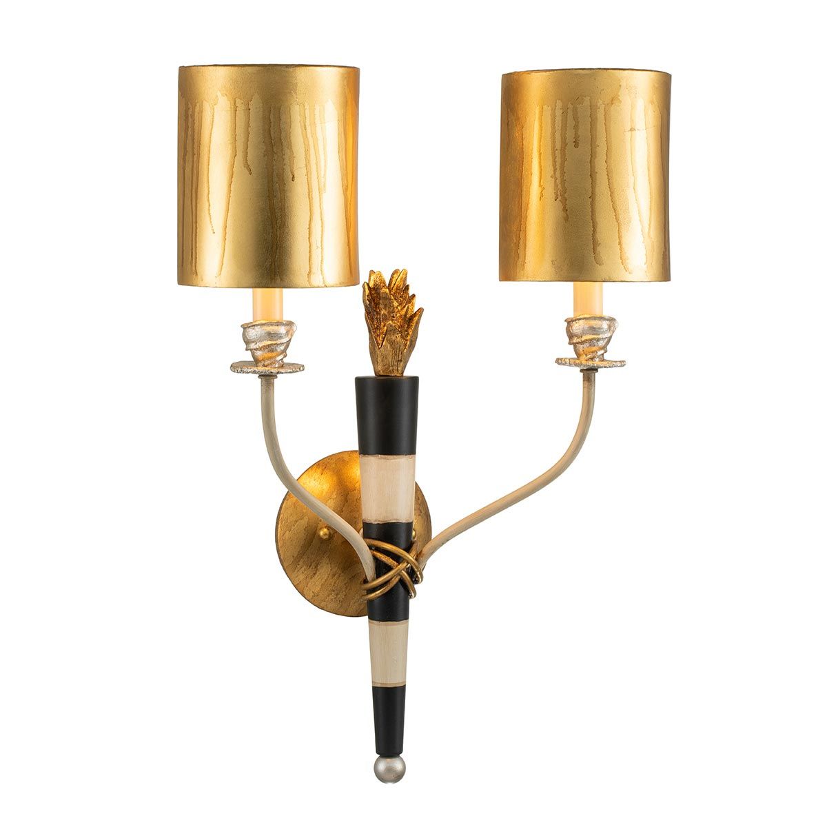 Wandleuchte Flambeau mit 2 Lichtern, Gold und Schwarz mit Pergamentschirmen
