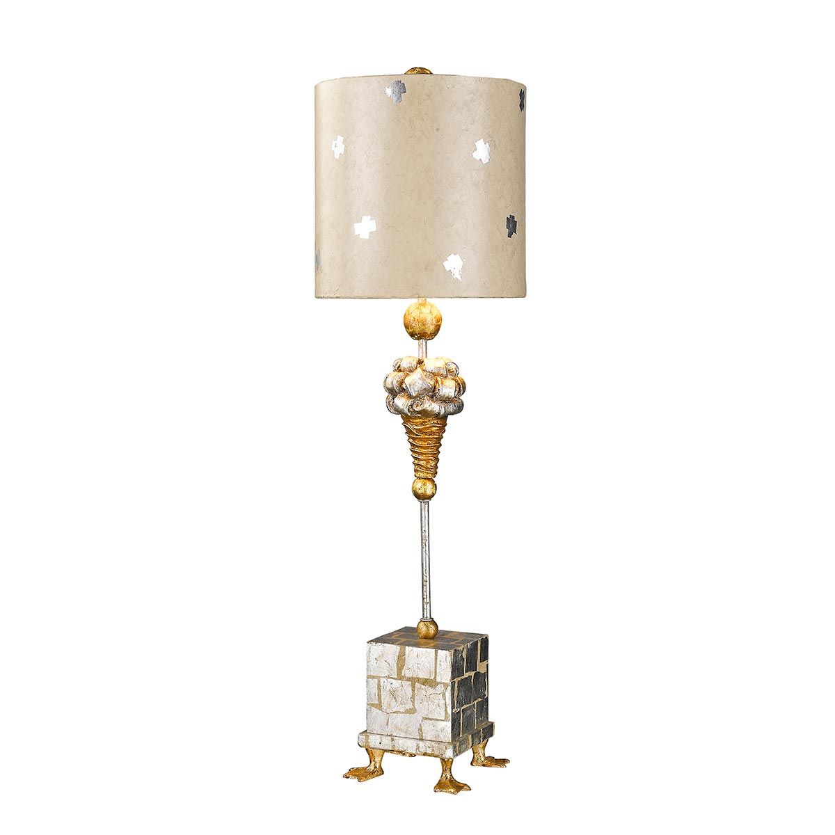 Tischlampe Pompadour X 1-flammig, Creme und Blattsilber, mit bemaltem cremefarbenen Schirm mit Blattsilberkreuzen