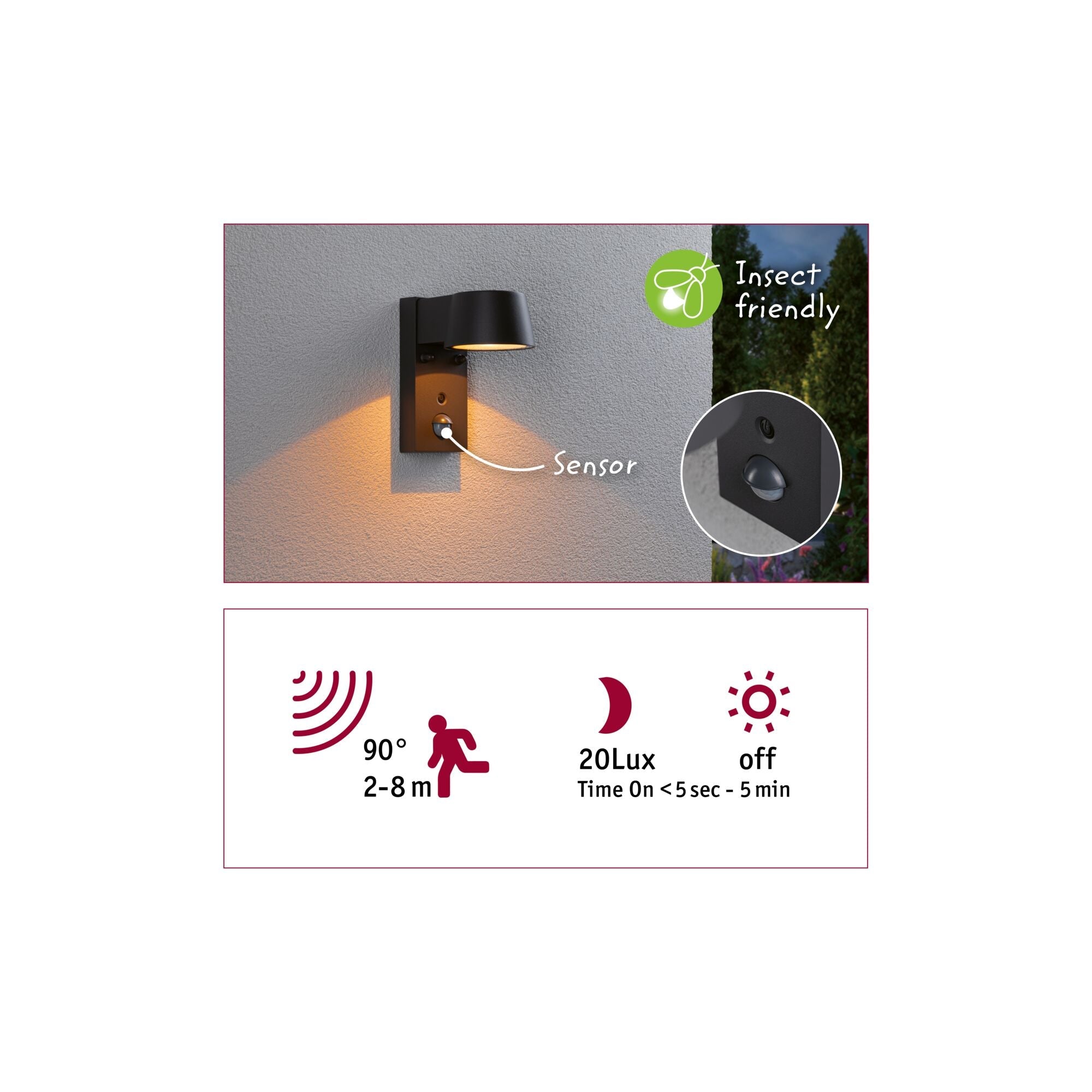 LED Außenwandleuchte Capera Bewegungsmelder insektenfreundlich IP44 96x153mm Tunable Warm 6W 450lm 230V 98° Anthrazit Aluminium - Paulmann - 94714