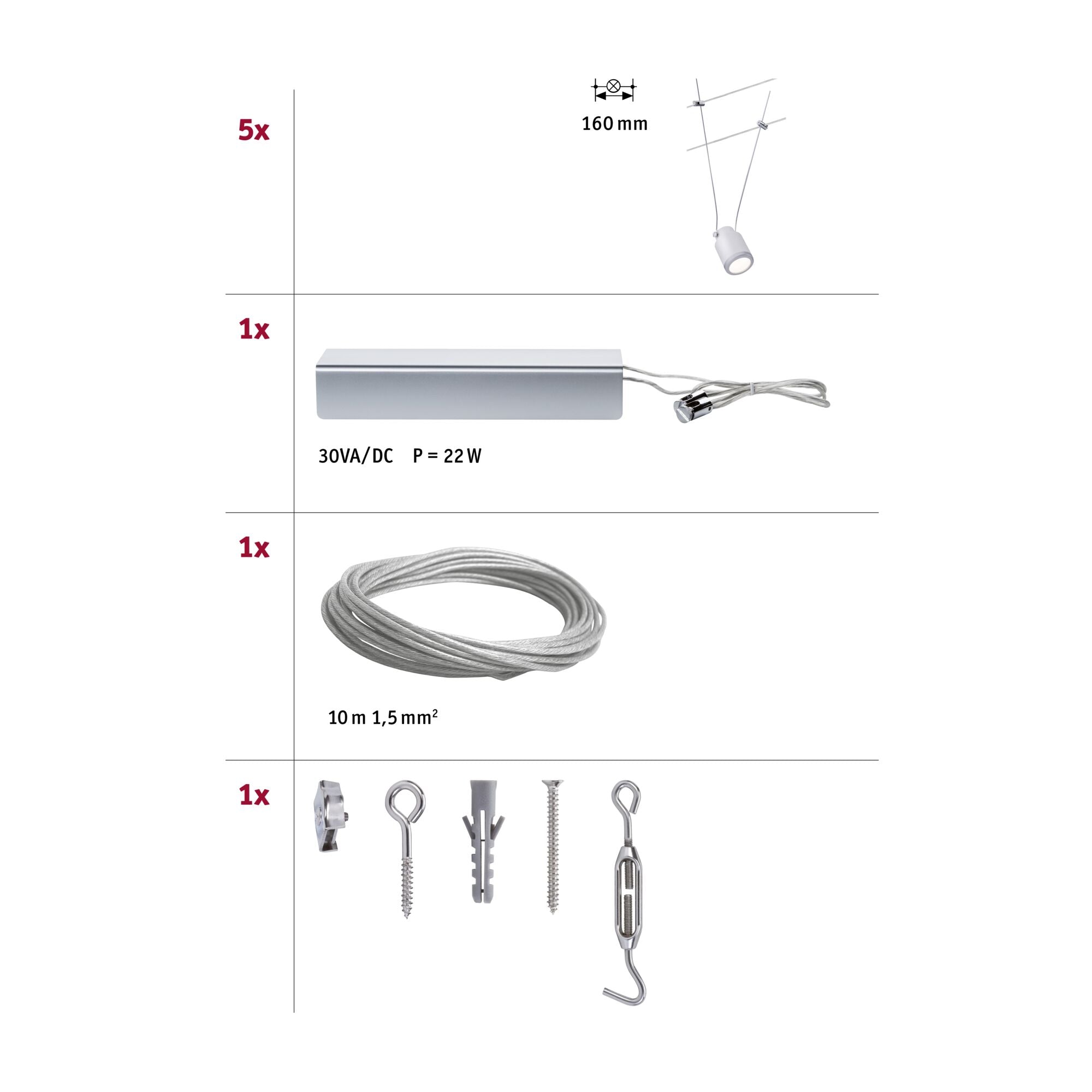 LED Seilsystem TunLED 5x150lm 5x4W 2700K 230/12V Weiß/Chrom matt - Paulmann - 3980