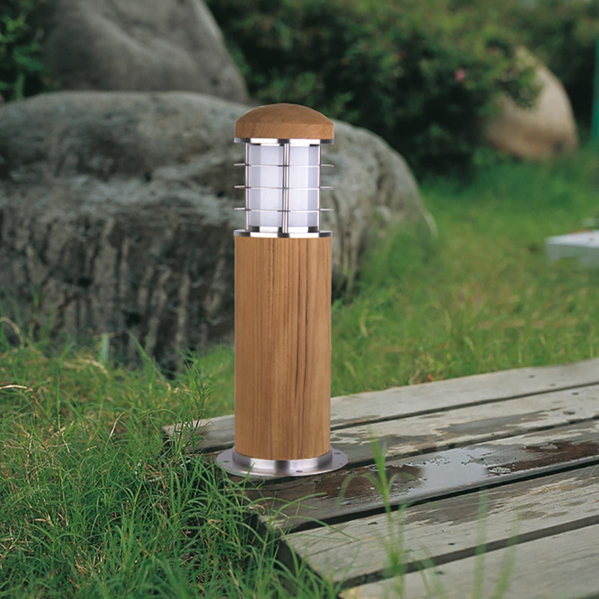 Poole 1 - flammiger Mini - Poller - Teak und Edelstahl - Elsteadlighting - GZ - POOLE - MB