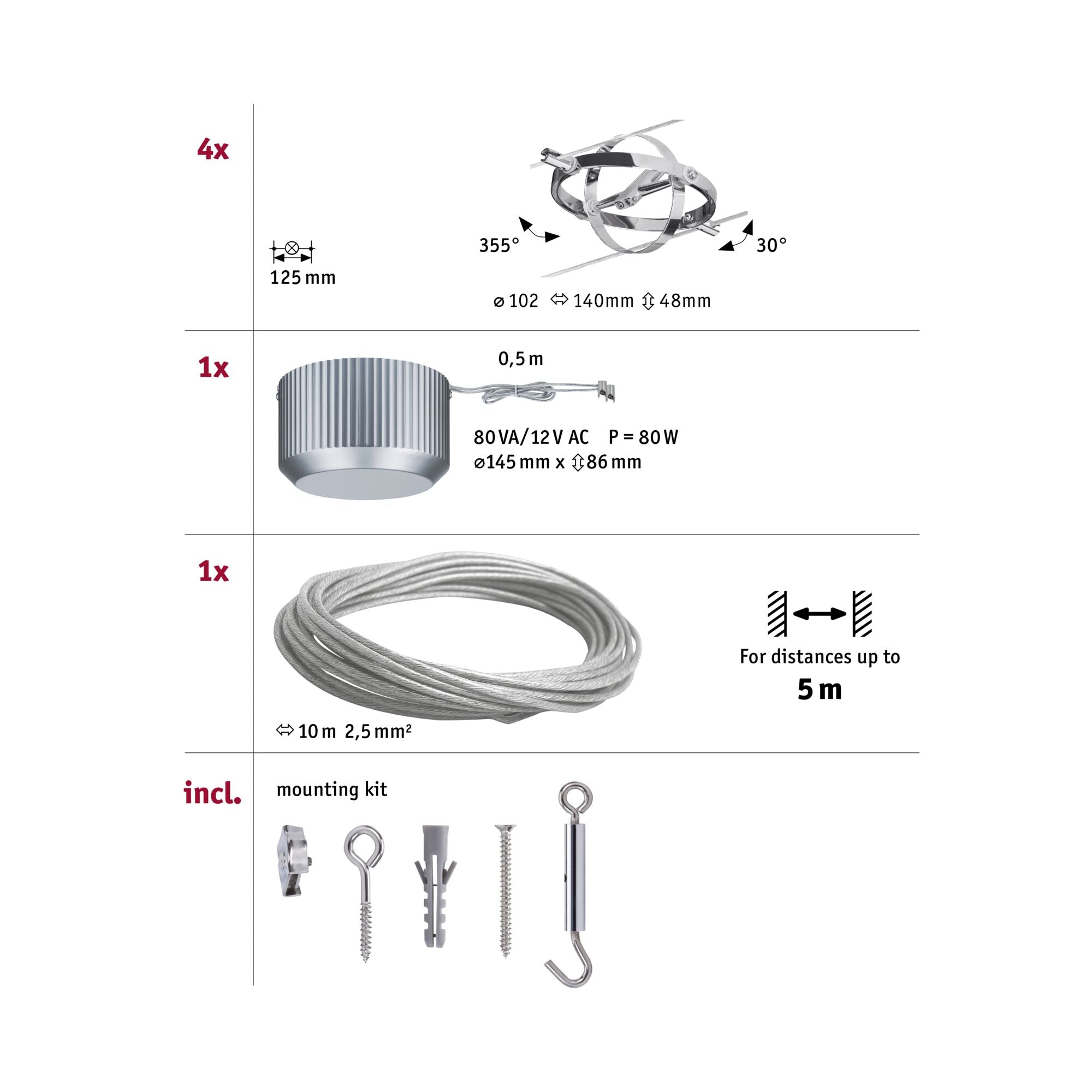 Seilsystem Cardan Basisset GU5,3 max. 4x10W dimmbar 230/12V Chrom matt/Chrom - Paulmann - 94144