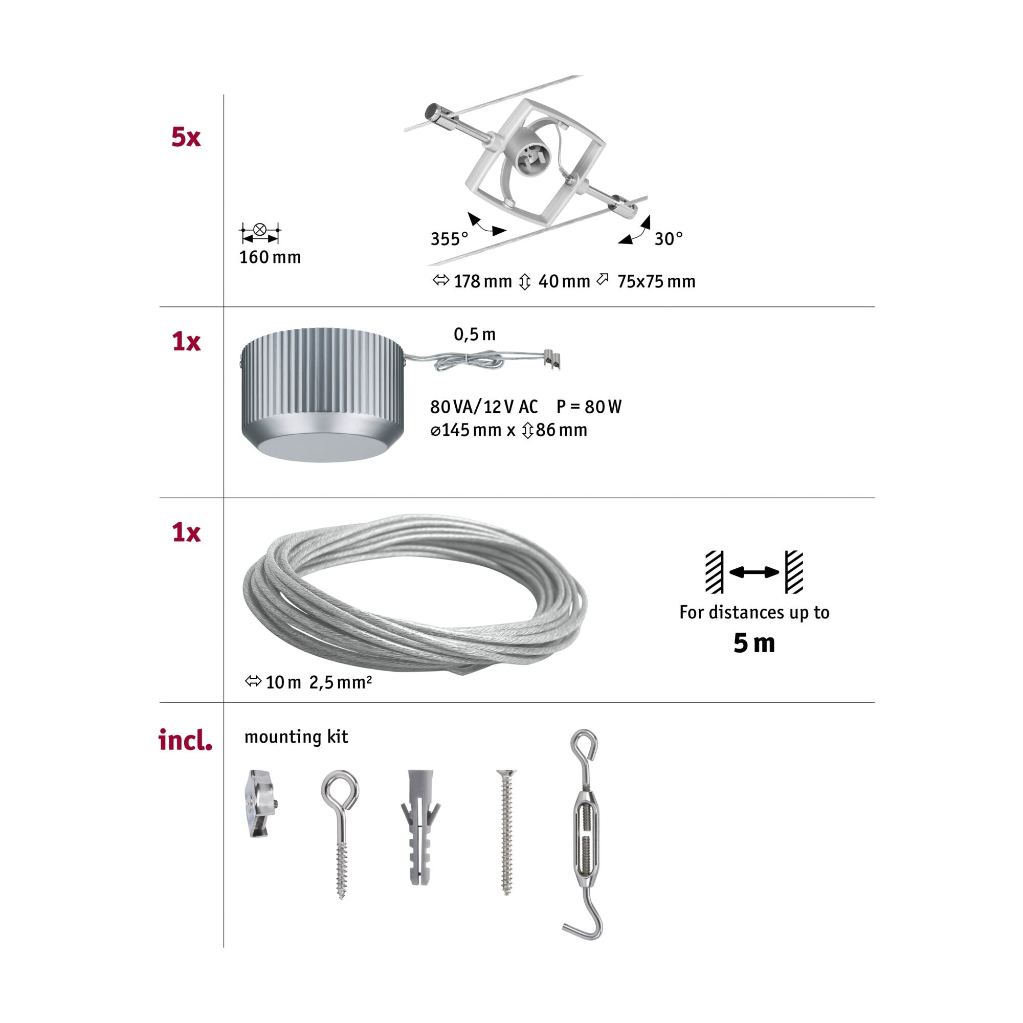 Seilsystem Mac II Basisset GU5,3 max. 5x10W dimmbar 230/12V Chrom matt - Paulmann - 94133