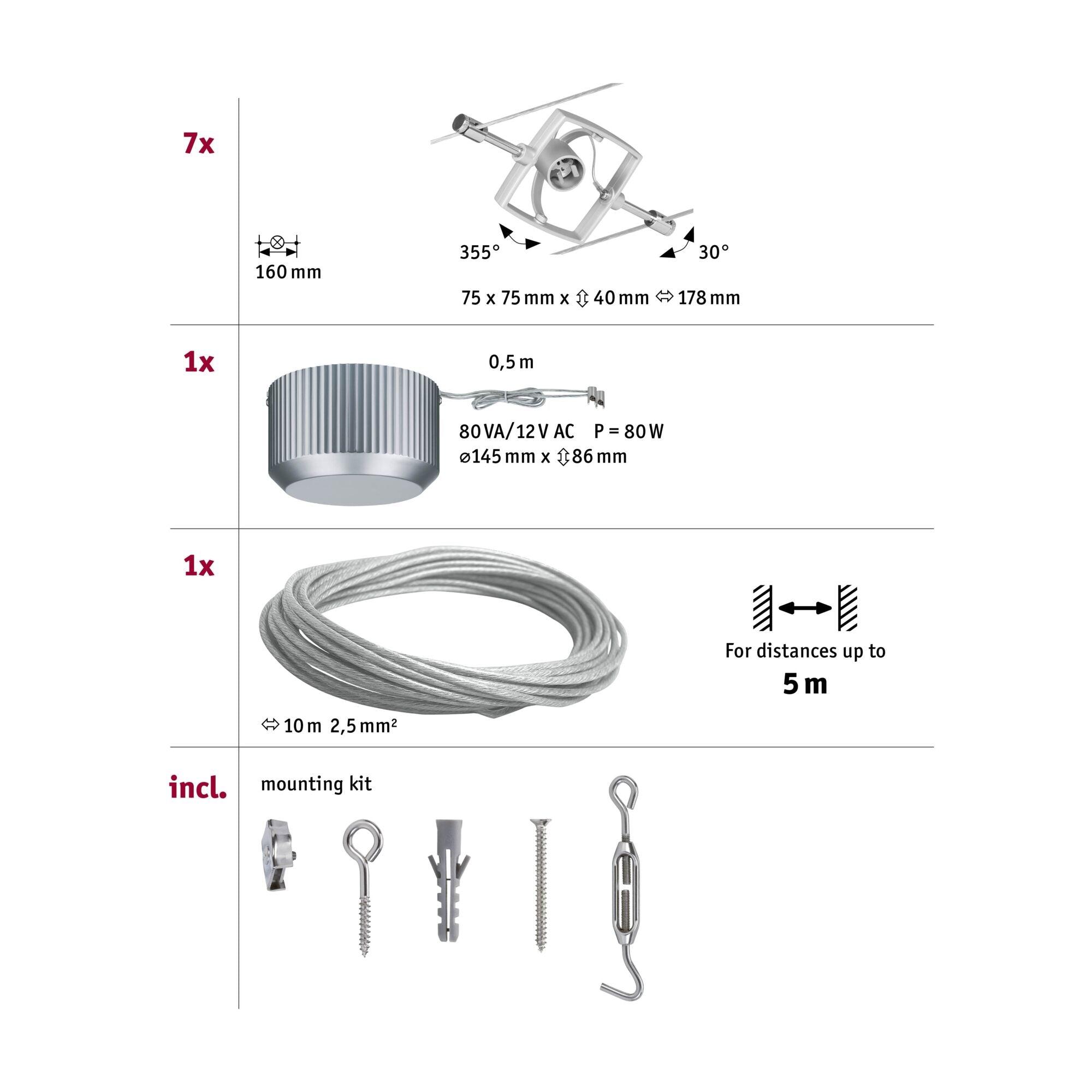 Seilsystem Mac II Basisset GU5,3 max. 7x10W dimmbar 230/12V Chrom matt - Paulmann - 94152
