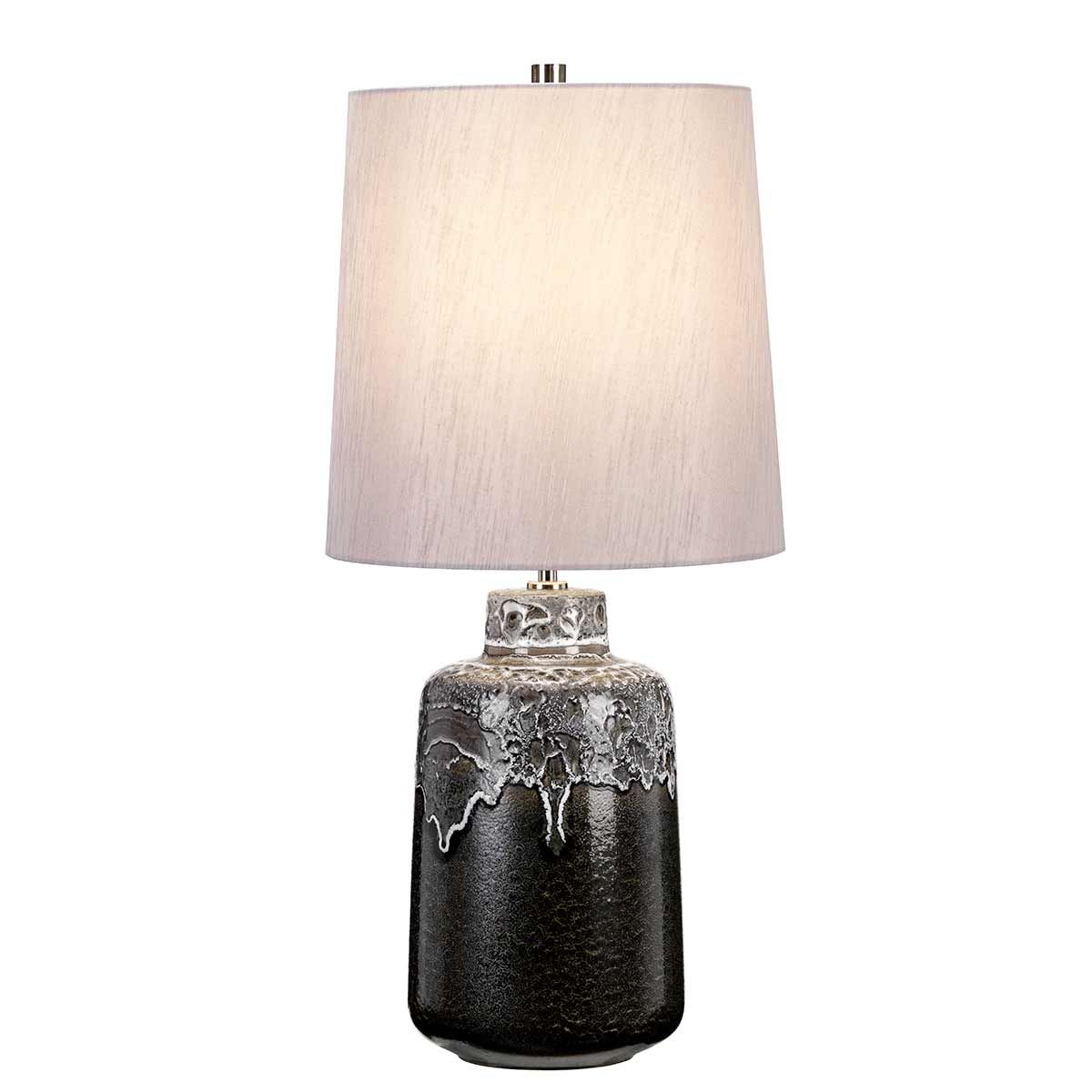 Tischlampe Woolwich mit 1 Flamme – strukturierter Graphit, weiße Glasur und silberner Schirm.